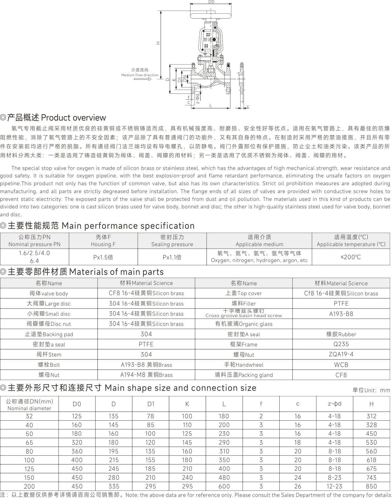 不锈钢氧气截止阀参数详解